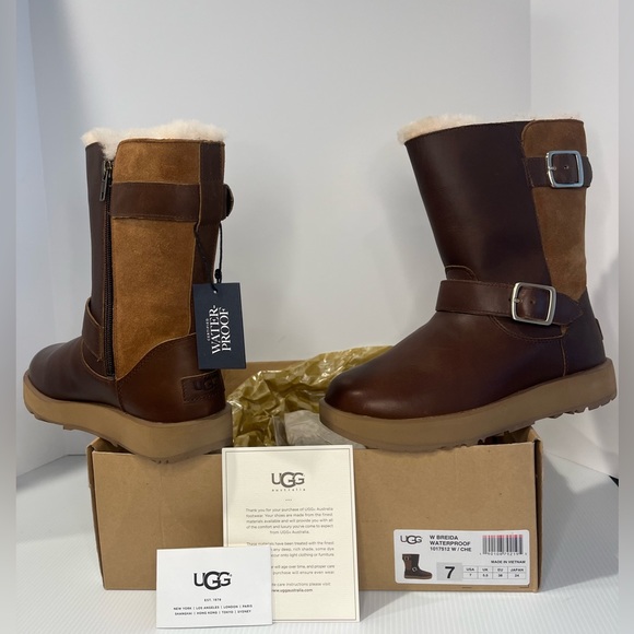 UGG BREIDA WATERPROOF Leather/Suede Sheepskin Lined w/Grip Outsole Boots - Picture 9 of 14